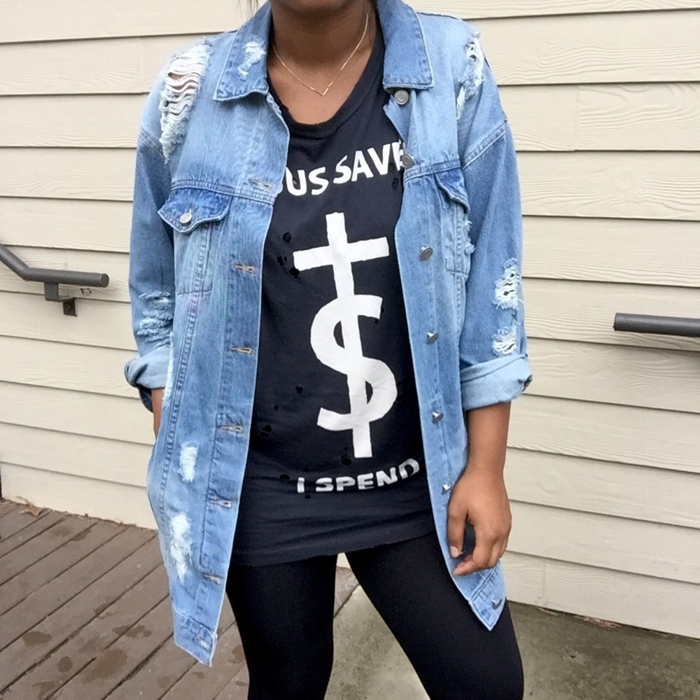 Longline Oversized Distressed Blue Jean Jacket - Picture 2 of 6